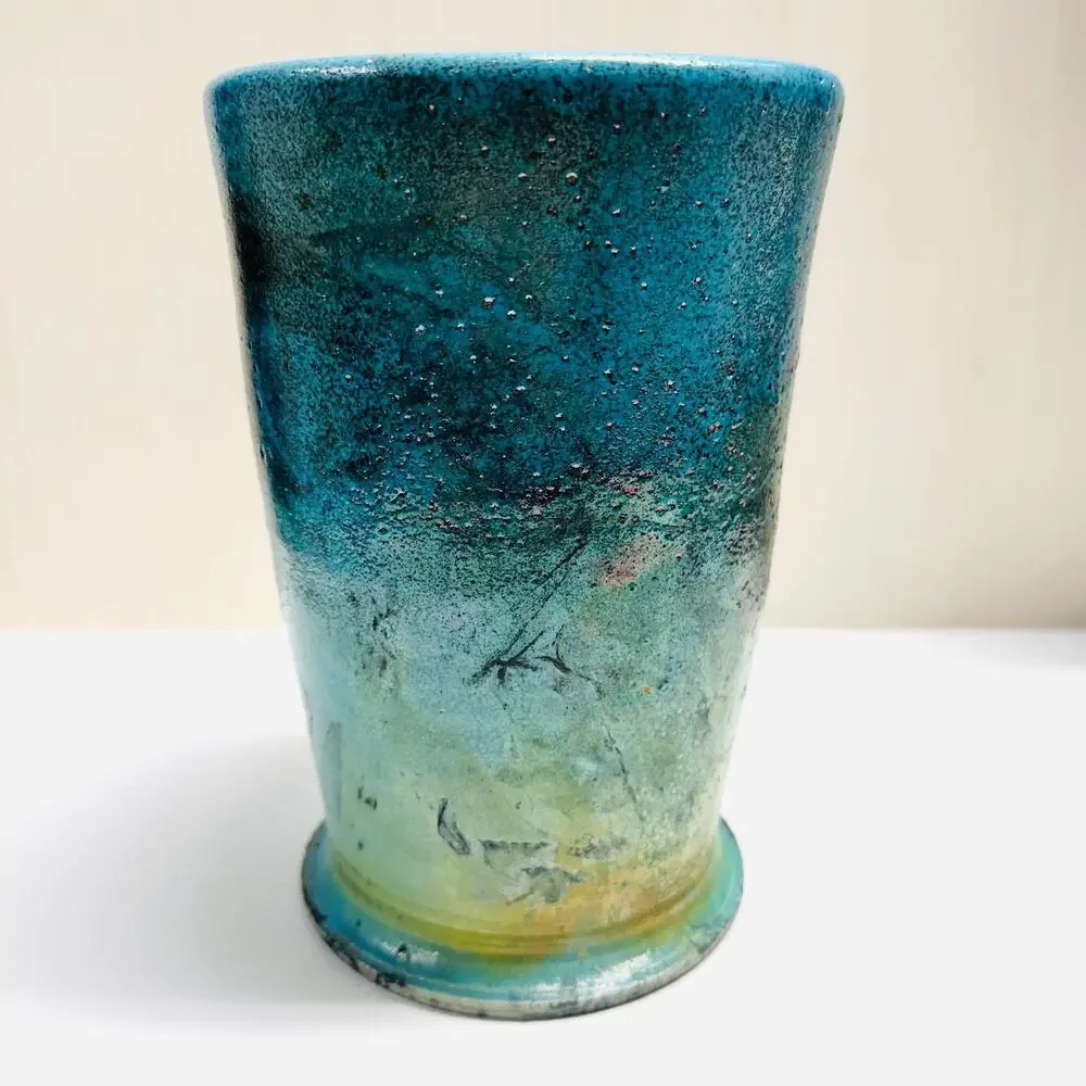 Vintage Raku Fernando Pottery Vase Hues of Blue Iridescent